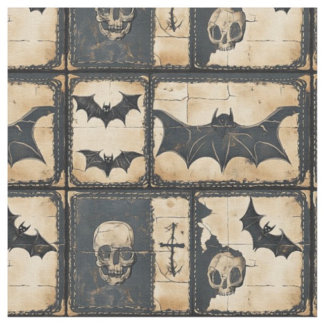 Rustikales Denim Halloween Patchwork-Muster Stoff (Nahaufnahme)