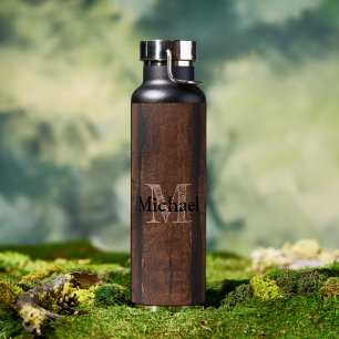 Rustikales dunkelbraunes altes Holz Monogramm Trinkflasche