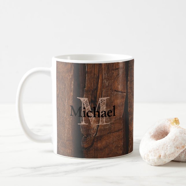 Rustikales dunkelbraunes Holz Monogram Kaffeetasse (Mit Donut)