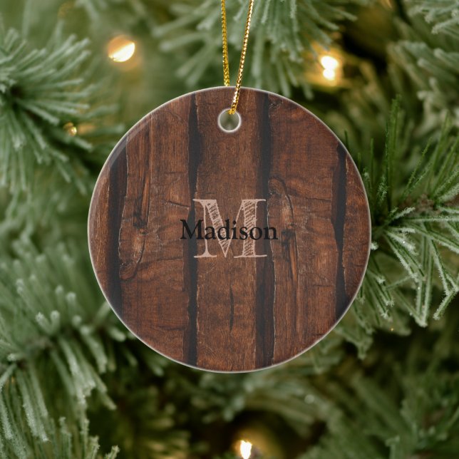 Rustikales dunkelbraunes Holz Monogram Keramik Ornament (Baum)