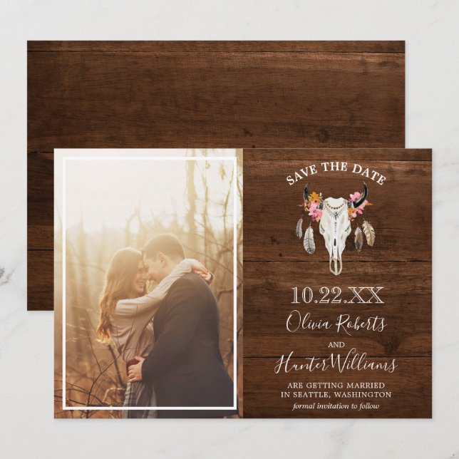 Rustikales Dunkelholz-Antler-Foto Save the Date Einladung (Vorne/Hinten)