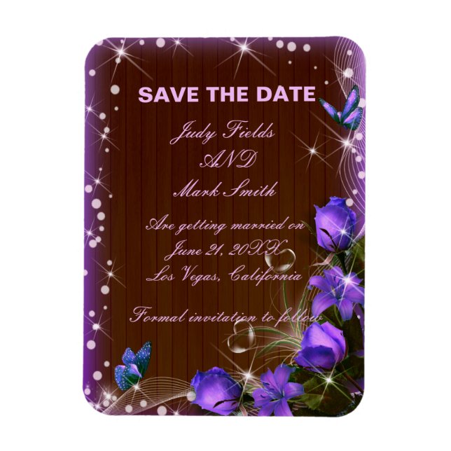 Rustikales dunkles Holz Lila Blüte Save the Date Magnet (Vertikal)