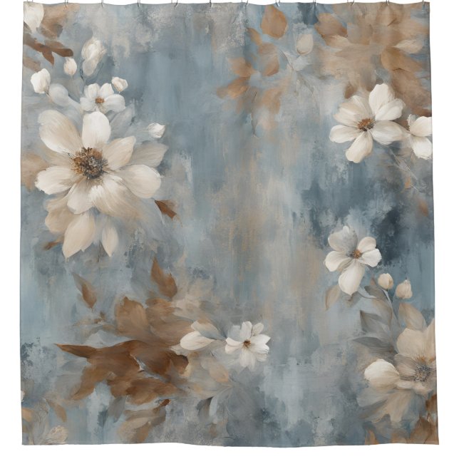 Rustikales Dusty Blue Brown Cream Farmhouse Floral Duschvorhang (Vorderseite)