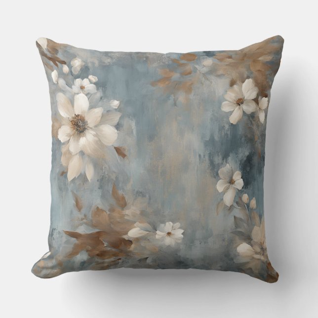 Rustikales Dusty Blue Brown Cream Farmhouse Floral Kissen (Vorderseite)