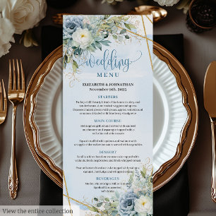 Rustikales Dusty Blue Floral Gold Glitzer Hochzeit Menükarte