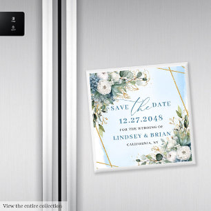 Rustikales Dusty Blue Floral Gold spart das Date M Magnet