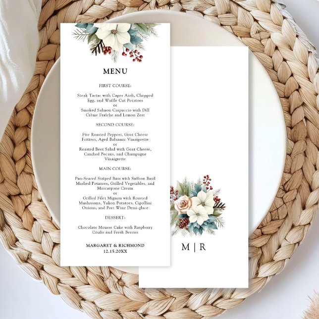 Rustikales Dusty Blue Floral Winter Wedding Menu Menükarte (Von Creator hochgeladen)