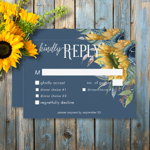 Rustikales Dusty Blue Sunflowers Hochzeitsessen RSVP Karte