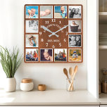 Rustikales Eichenholzhaus 12 FotoCollage Quadratische Wanduhr<br><div class="desc">Rustikales Eichenholzbauernhaus 12 Foto Collage Square Wall Clock. Große schöne rustikale weiße Scheune Vintages Holz personalisierten Familiennamen Jahr etablierte Wand Dekoration Uhr. Die perfekte Holzbank aus Holz für Zuhause oder Küche.</div>