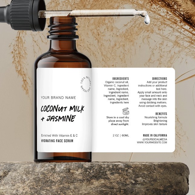Rustikales, einfaches, Schwarz-weißes 2OZ Dropper  (Minimalist rustic style cosmetic dropper bottle wraparound label in black and white)