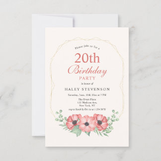 Rustikales Elegant Blush Pink Floral 20. Geburtsta Einladung