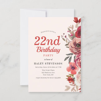 Rustikales Elegant Boho Chic Floral 22. Geburtstag Einladung