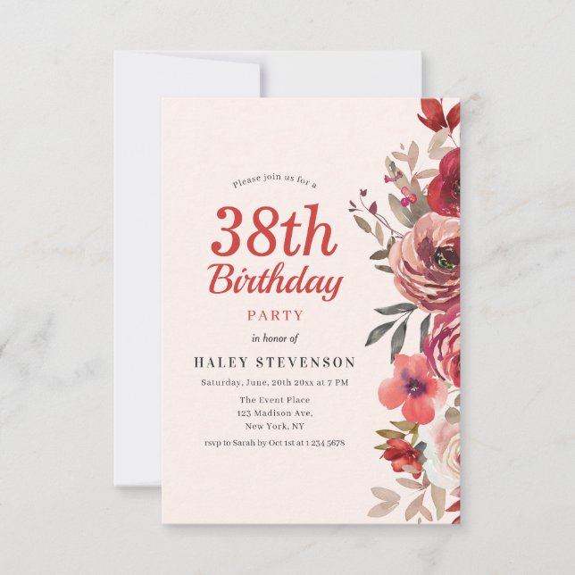Rustikales Elegant Boho Chic Floral 38. Geburtstag Einladung (Vorderseite)