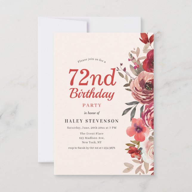 Rustikales Elegant Boho Chic Floral 72. Geburtstag Einladung (Vorderseite)