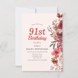 Rustikales Elegant Boho Chic Floral 91. Geburtstag Einladung