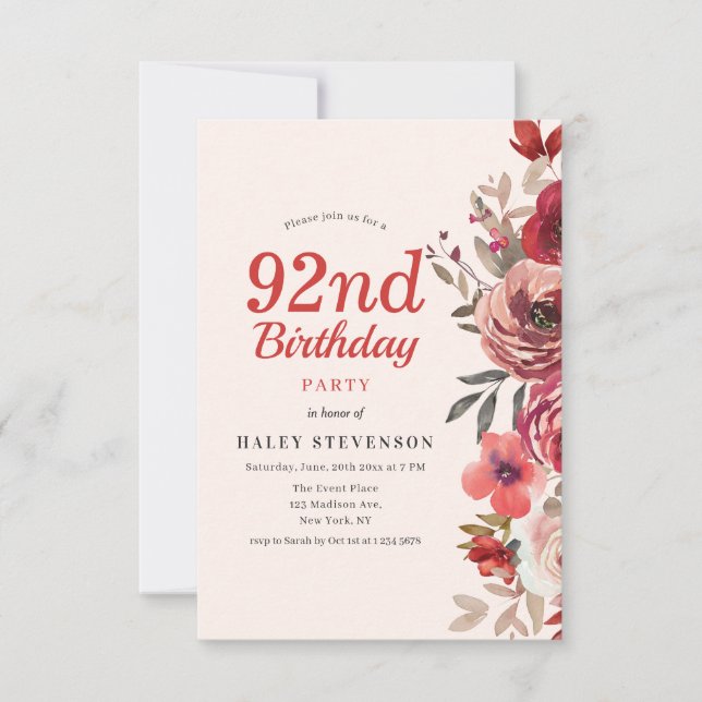 Rustikales Elegant Boho Chic Floral 92. Geburtstag Einladung (Vorderseite)