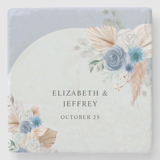 Rustikales Elegant Boho Dusty Blue Pampas Wedding Steinuntersetzer (Vorderseite)