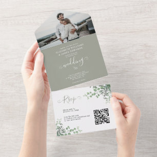 Rustikales Elegant Eucalyptus Foto QR Code Wedding All In One Einladung