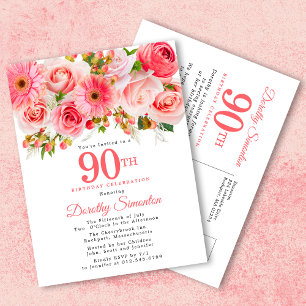 Rustikales Elegant Rosa Flora 90. Geburtstag Einladungspostkarte