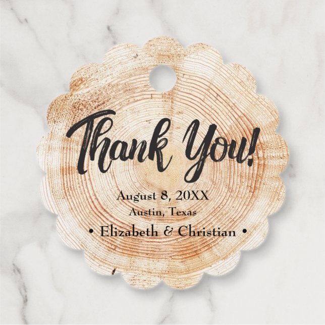 Rustikales Elegant Wedding Wood Cut Danke Geschenkanhänger (Rückseite)