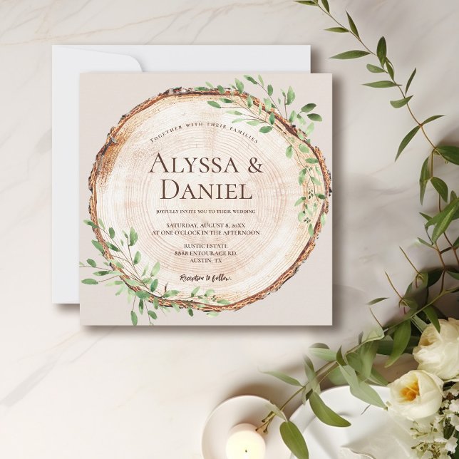 Rustikales Elegant Wedwood Barke Boho Wreath Einladung (Boho rustic elegant wood cut slice with watercolor wreath wedding invitation.)