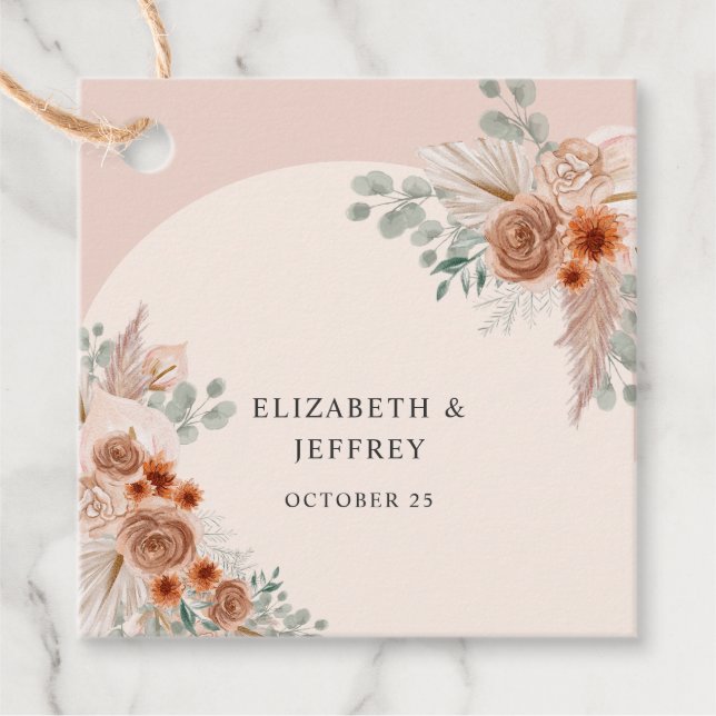 Rustikales Elegante Boho Terracotta Pampas Wedding Geschenkanhänger (Vorderseite)