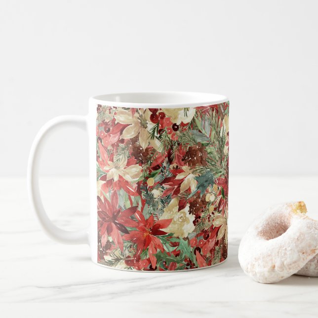 Rustikales Elegantes Holiday Poinsettia Weihnachte Kaffeetasse (Mit Donut)