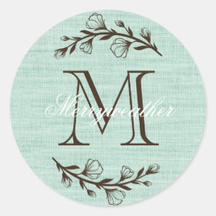 Rustikales, elegantes Monogramm, Aquamarin-brauner Runder Aufkleber