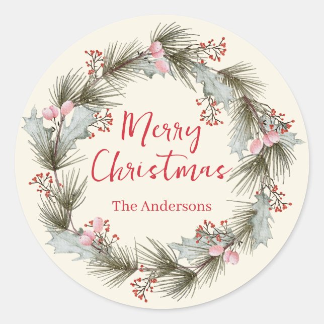 Rustikales Elegantes Watercolor Weihnachtslied Runder Aufkleber (Vorderseite)