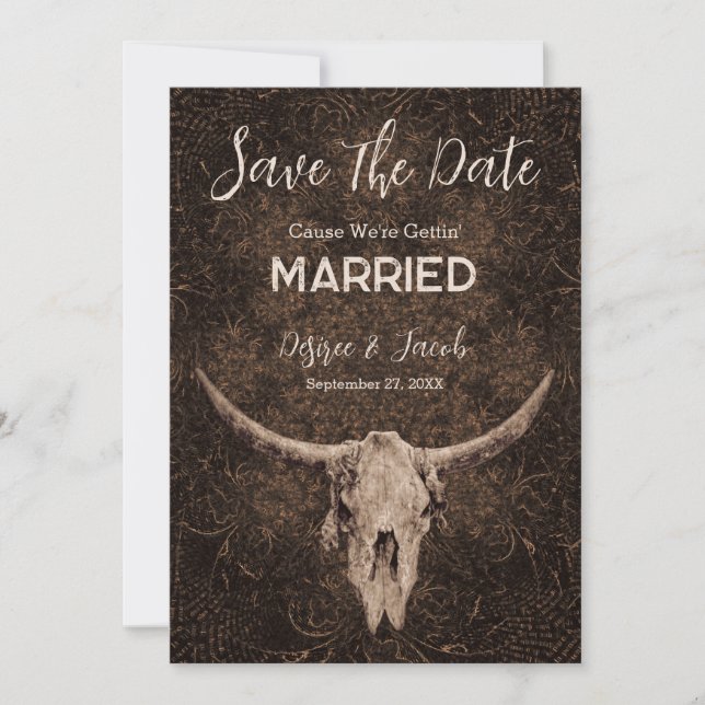 Rustikales Eleganza Brown Western Bull Skull Save The Date (Vorderseite)