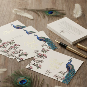 Rustikales Elfenbein & Gold Pfau Dankeschön Karte
