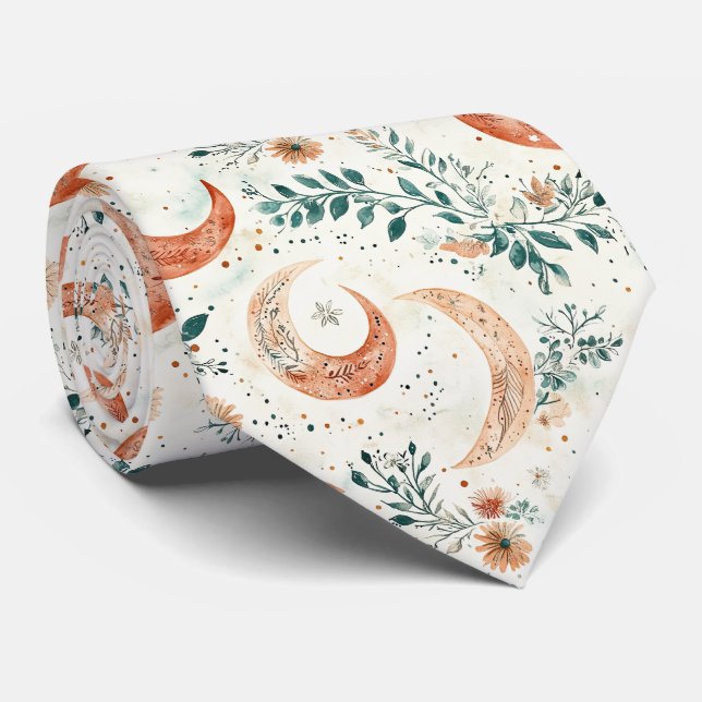 Rustikales, erdverbundenes Boho-Mond-Blumenmuster  Krawatte (Gerollt)