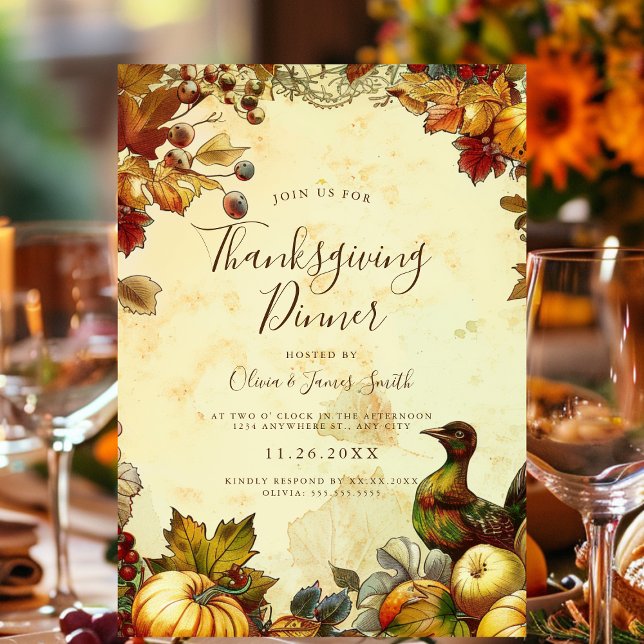 Rustikales Erntedank Dinner Einladung (GPT
An autumn-themed Thanksgiving invite with elegant script, pumpkins, and fall leaves.)