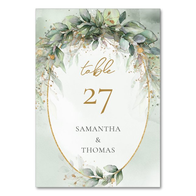 Rustikales Eukalyptus Salbei grün Gold Tischnummer (Vorderseite)