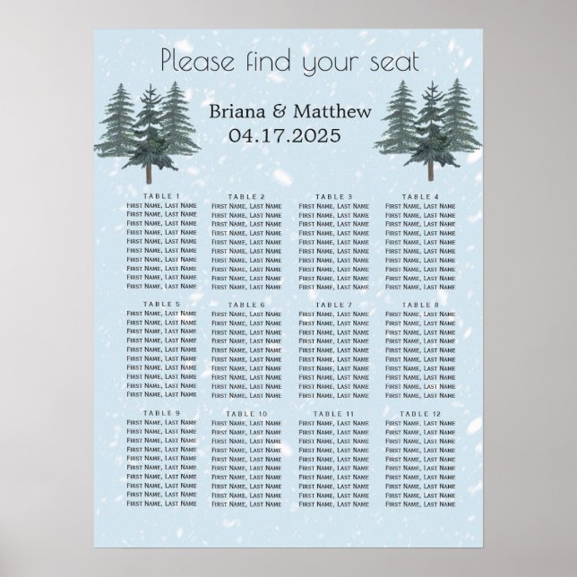 Rustikales Evergreen Winter Pine Wedding Chart Poster (Vorne)