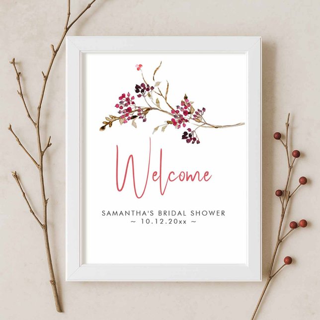 Rustikales Fall-Brautparty-Thema Begrüßungszeichen Poster (rustic bridal shower sign with watercolor berries and twigs for fall and winter themes)
