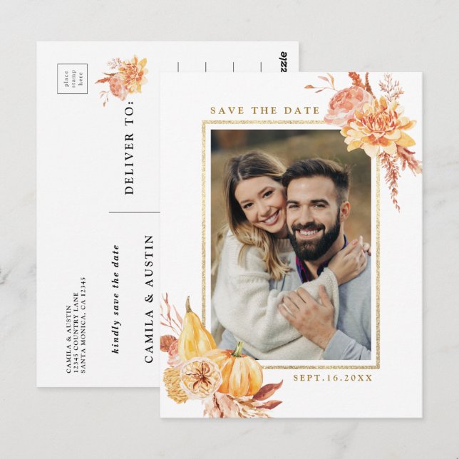 Rustikales Fall Floral Wedding Foto Save the Date Postkarte (Vorne/Hinten)