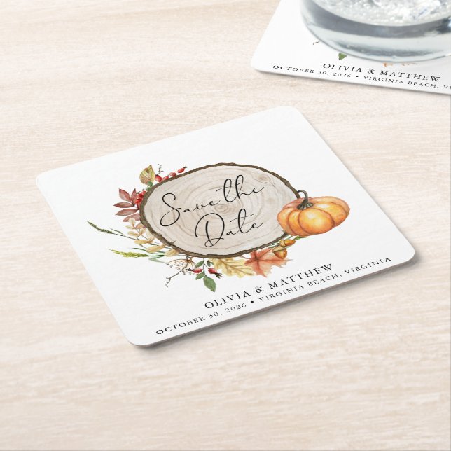 Rustikales Fall Foto Wood Slice Boho Save the Date Rechteckiger Pappuntersetzer (angewinkelt)