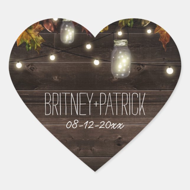 Rustikales Fall Leaf Firefly Mason Jar Gastgeschen Herz-Aufkleber (Vorderseite)