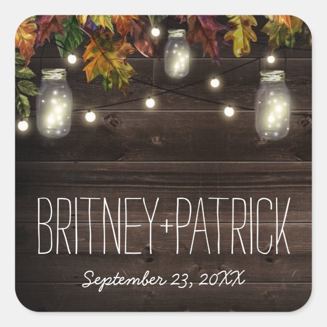 Rustikales Fall Leaf Firefly Mason Jar Gastgeschen Quadratischer Aufkleber (Vorderseite)