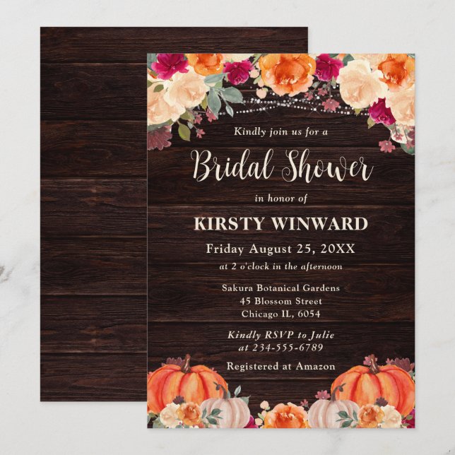 Rustikales Fall Orange Pumpkin Floral Brautparty Einladung (Vorne/Hinten)
