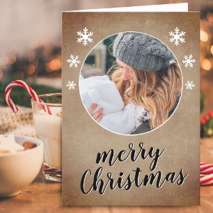 Rustikales Familienfoto-Schneeflocken Frohe Weihna Feiertagskarte