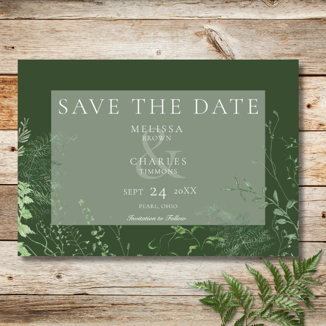 Rustikales Fern Green Foliage Emerald Green Save The Date (Von Creator hochgeladen)