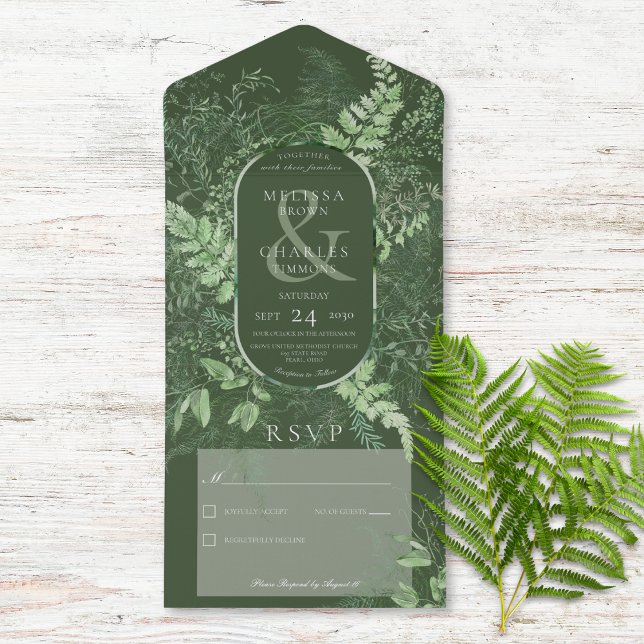 Rustikales Fern Green Folies Emerald No Dinner All In One Einladung (Also available with a QR code or with dinner selection options.)