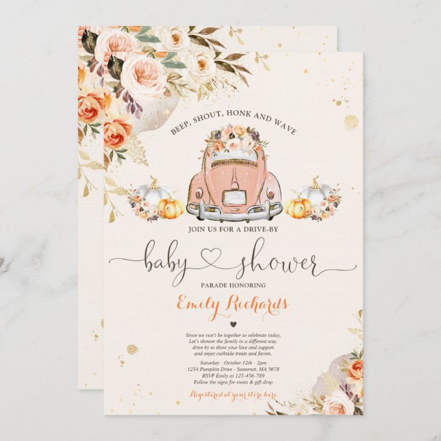 Rustikales Flora Pumpkin Drive by Baby Dusche Einladung (Vorne/Hinten)