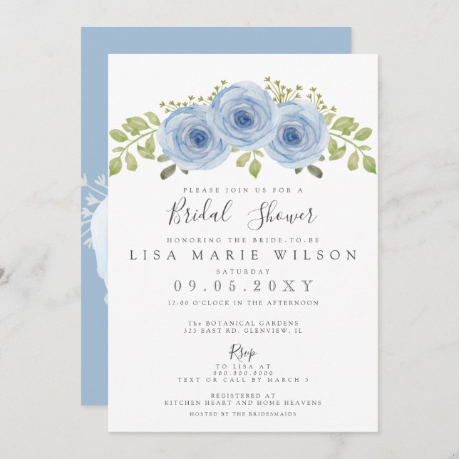 Rustikales, florales blaues Brautparty Einladung (Vorne/Hinten)