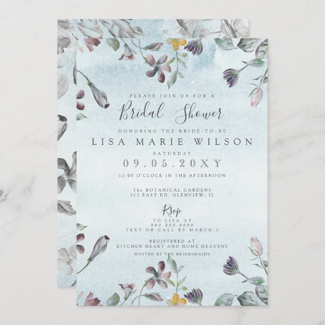Rustikales, florales blaues Brautparty Einladung (Vorne/Hinten)