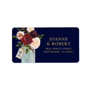 Rustikales, florales Burgundi Navy Gold Adressaufkleber