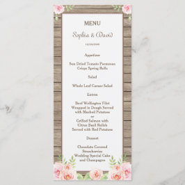 Rustikales, florales Menü für Hochzeiten aus Holz Menükarte