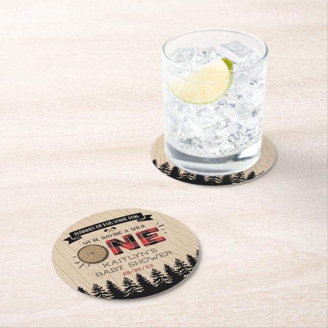 Rustikales Forest Buffalo Kariert Wild One Baby Du Runder Pappuntersetzer (Vor Ort)